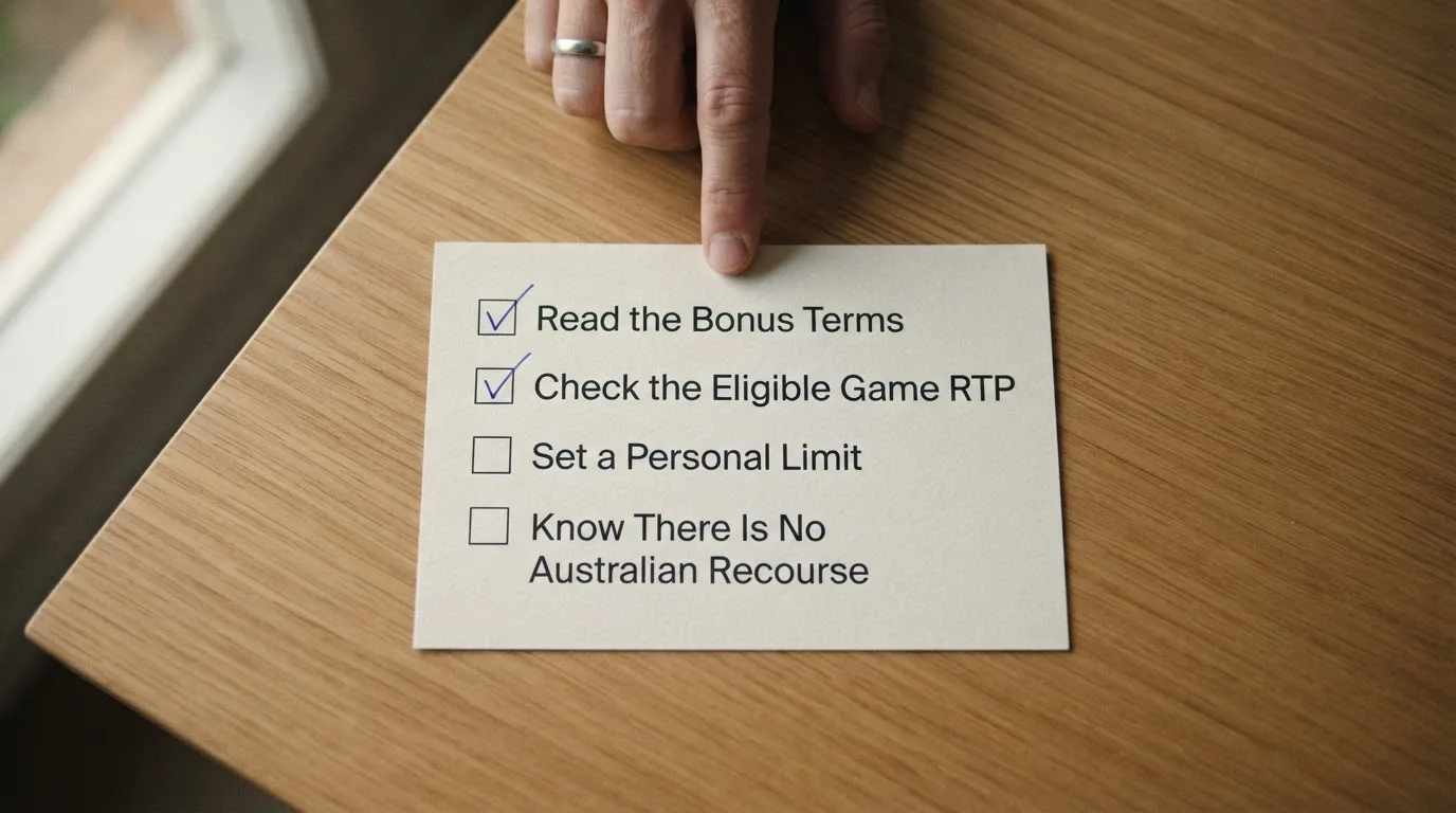 A checklist-style layout with items: Read the Bonus Terms, Check the Eligible Game RTP, Set a Personal Limit, Know There Is No Australian Recourse