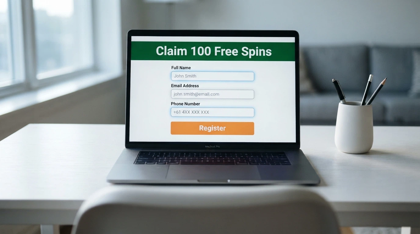 A laptop screen showing an online casino registration form with a “Claim 100 Free Spins” banner and fields for name, email and phone number highlighted