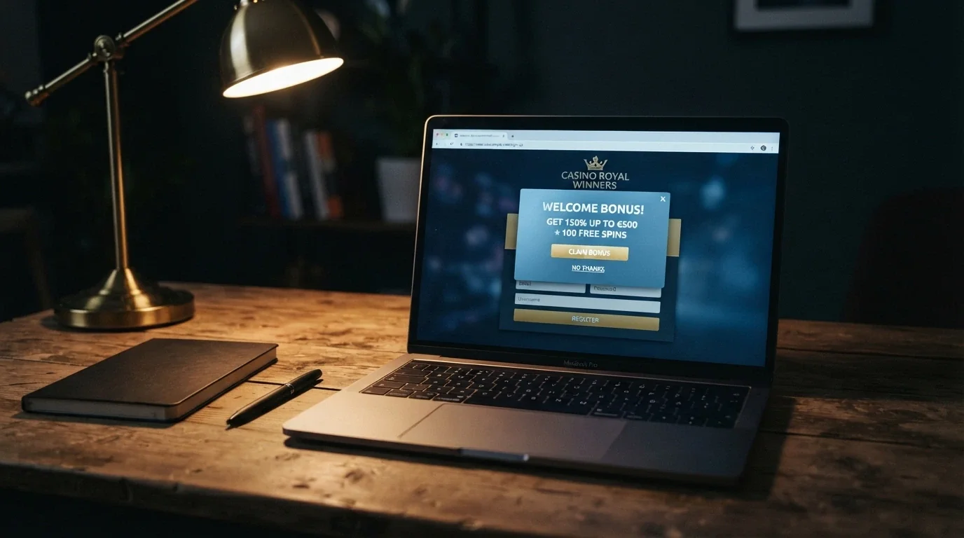 A sign-up form on a laptop screen with a “Welcome Bonus” pop-up overlaid, the URL bar partially visible showing a generic-looking domain, in a dimly lit room.