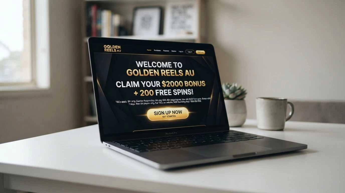 A mock-up of a new offshore casino landing page with a bold welcome-bonus headline and small-print terms beneath