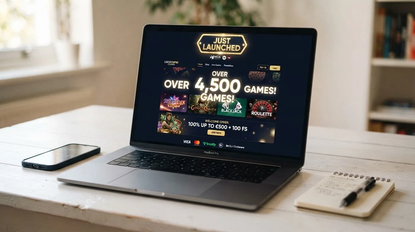 A fresh casino landing page with a “Just Launched” badge, licence badge and game-count figure visible