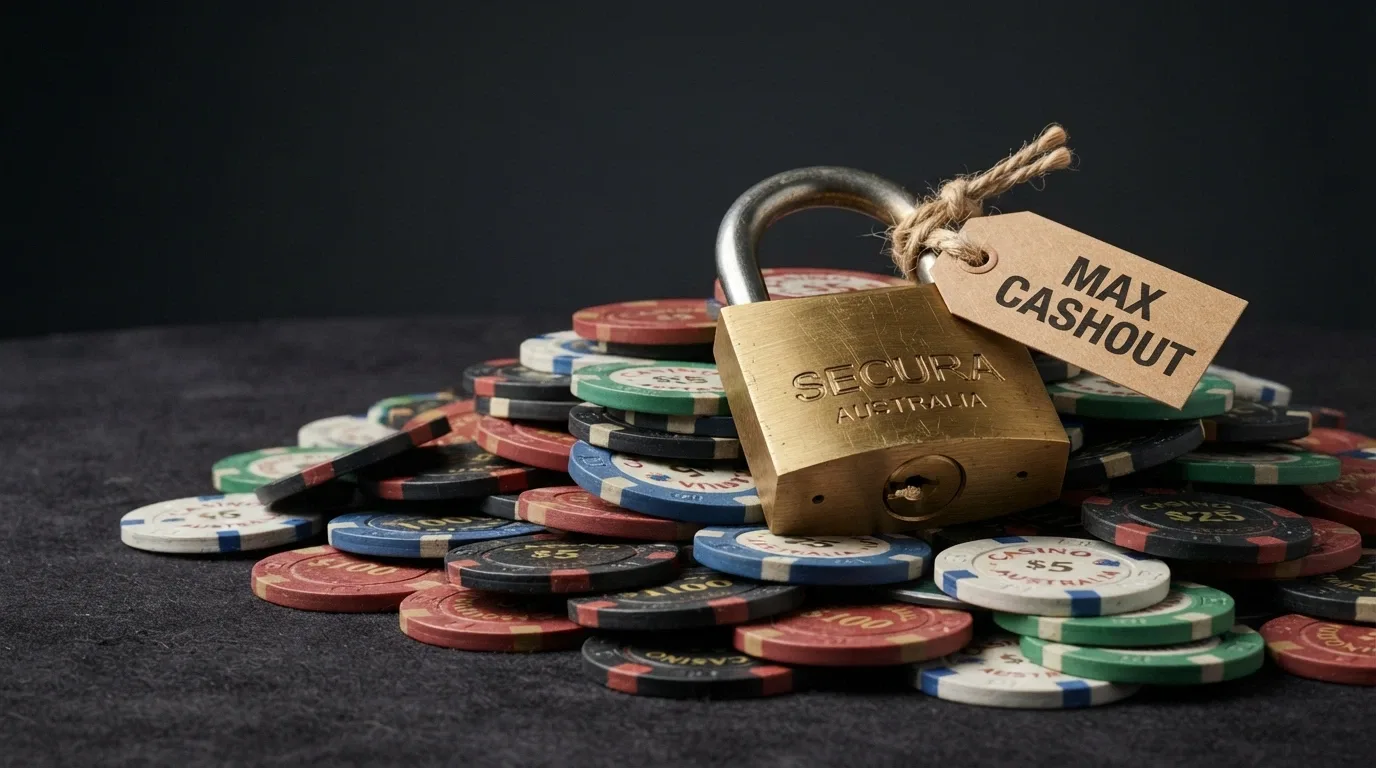 A padlock sitting on top of a pile of casino chips, with a small printed tag reading “Max Cashout” attached to the lock