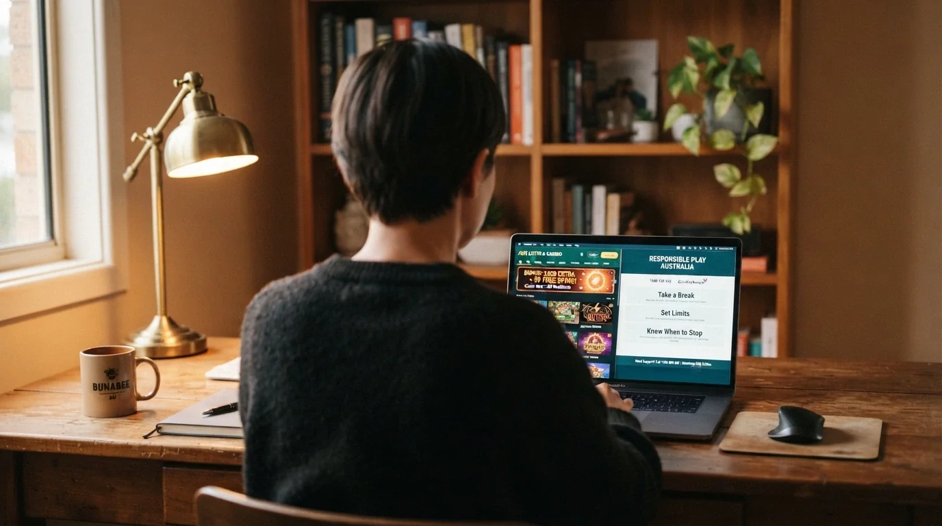 A player weighing two paths — one toward a bonus-claim screen, the other toward a responsible-gambling information page