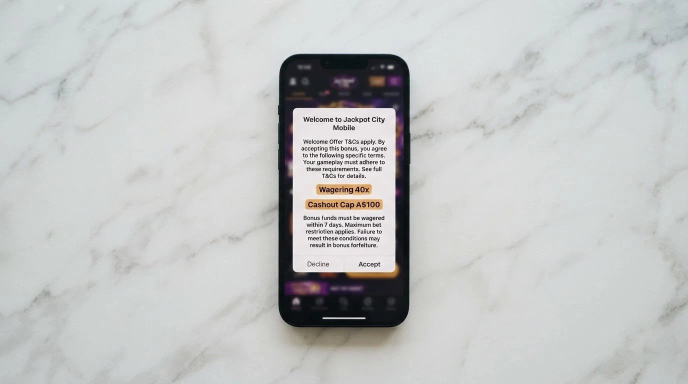 A smartphone showing a casino bonus terms pop-up with wagering and cashout cap clauses highlighted