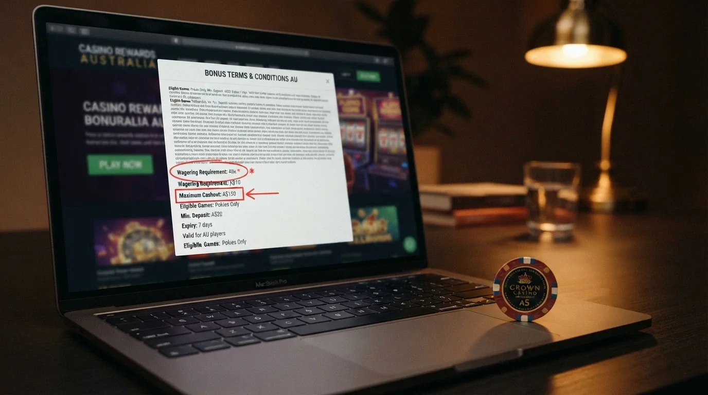 A close-up of a casino bonus terms pop-up with wagering-requirement and max-cashout lines circled