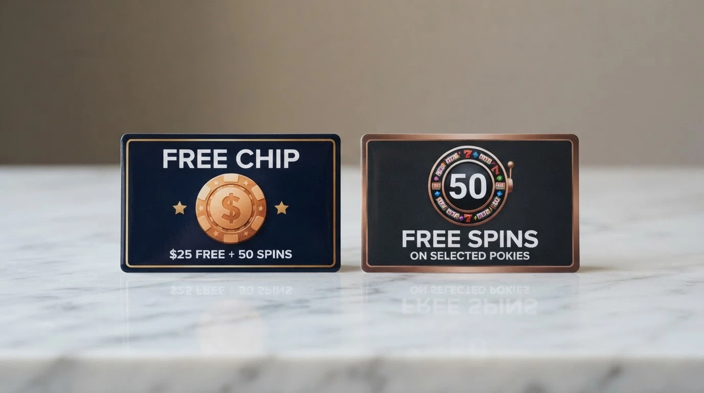 Side-by-side comparison of a free chip bonus tile showing a dollar amount and a free spins bonus tile showing a spin counter, both on a casino promotions page