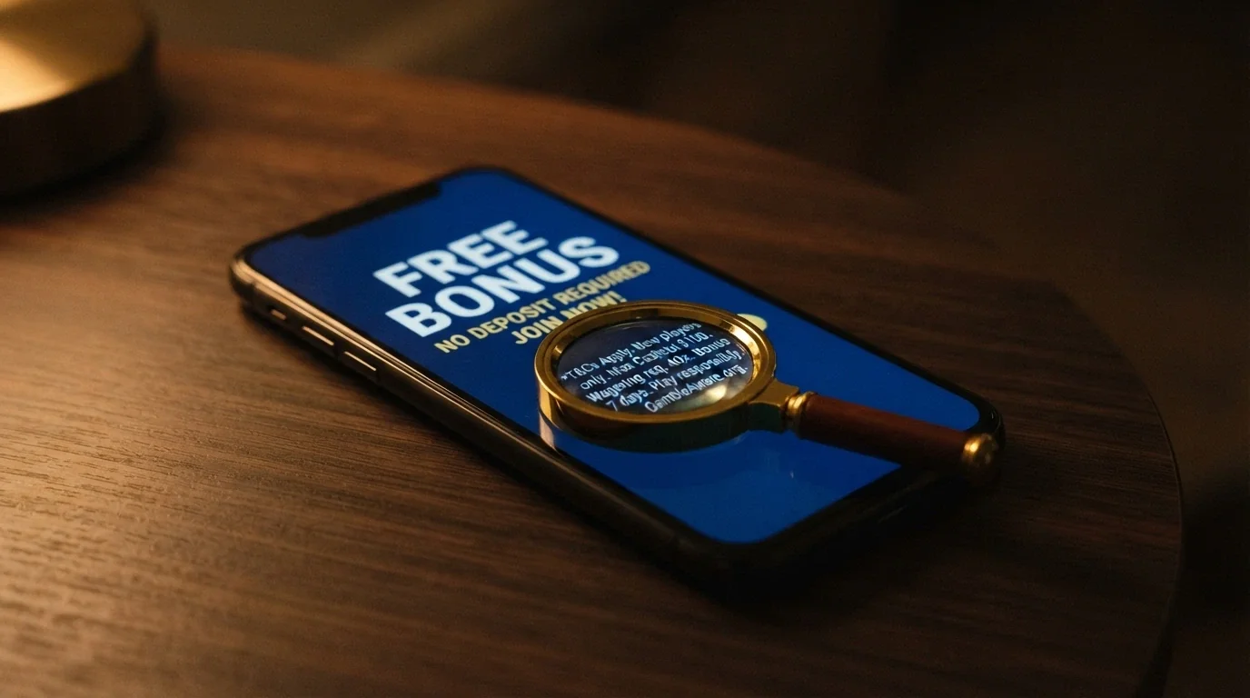 A no-deposit bonus offer on screen with a magnifying glass over the fine print revealing the cashout cap and wagering multiple