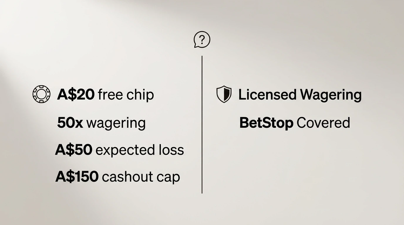 A simple decision diagram showing the offshore casino claim path on one side and the Australian licensed wagering alternative on the other, with key figures from the article beside each branch