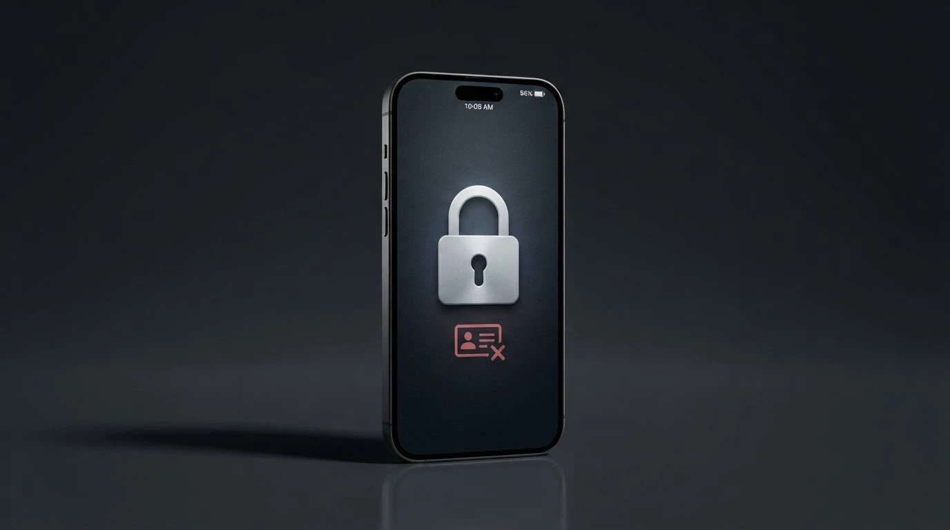 A Bitcoin wallet interface with a crossed-out ID-card icon and a padlock symbol, on a dark privacy-themed background