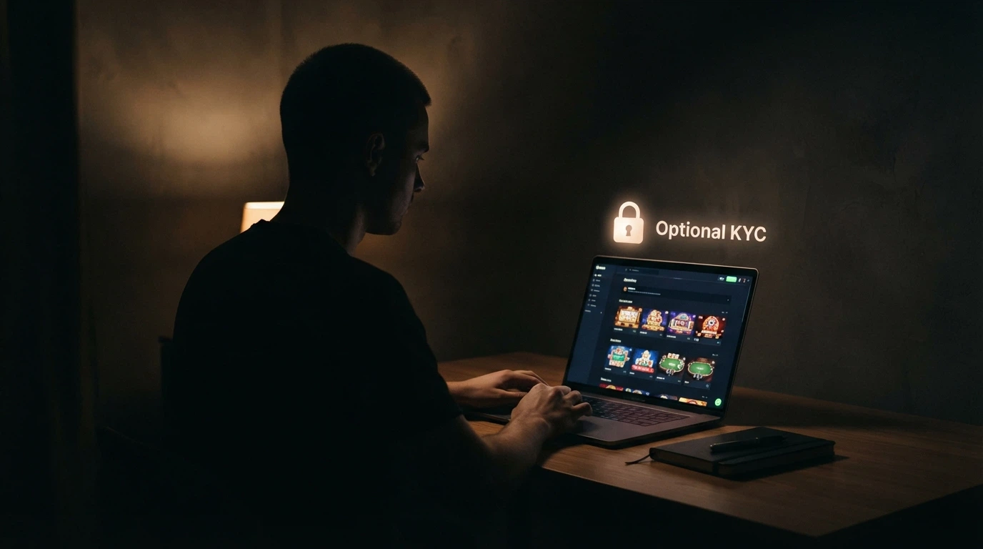 A silhouette of a player at a laptop, with a padlock icon and the word “Optional KYC” on the screen, casino interface faintly visible
