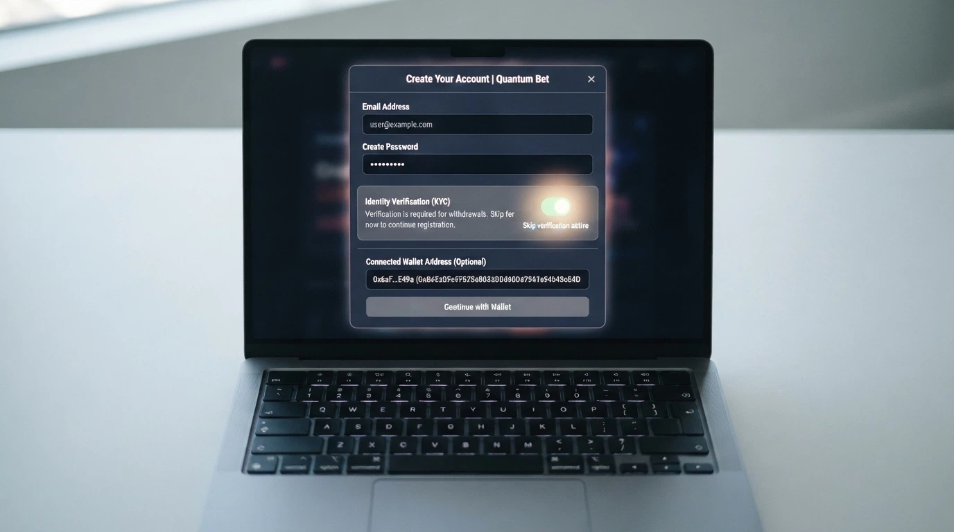 A casino sign-up form with the KYC document-upload section greyed out and a “skip verification” indicator active, a crypto wallet address already connected