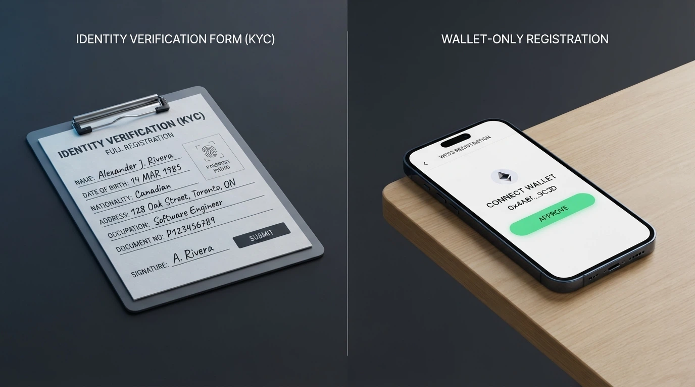 Split-screen comparing a full identity verification form with passport upload beside a wallet-connect-only casino registration screen