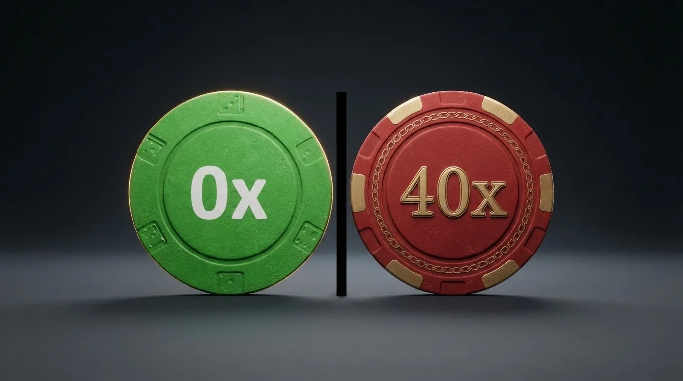 A clean visual contrasting a bonus labelled “0× wagering — yours to keep” with one labelled “40× wagering — locked”
