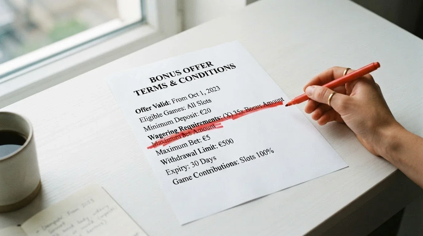 A bonus terms panel with the wagering requirement line crossed out