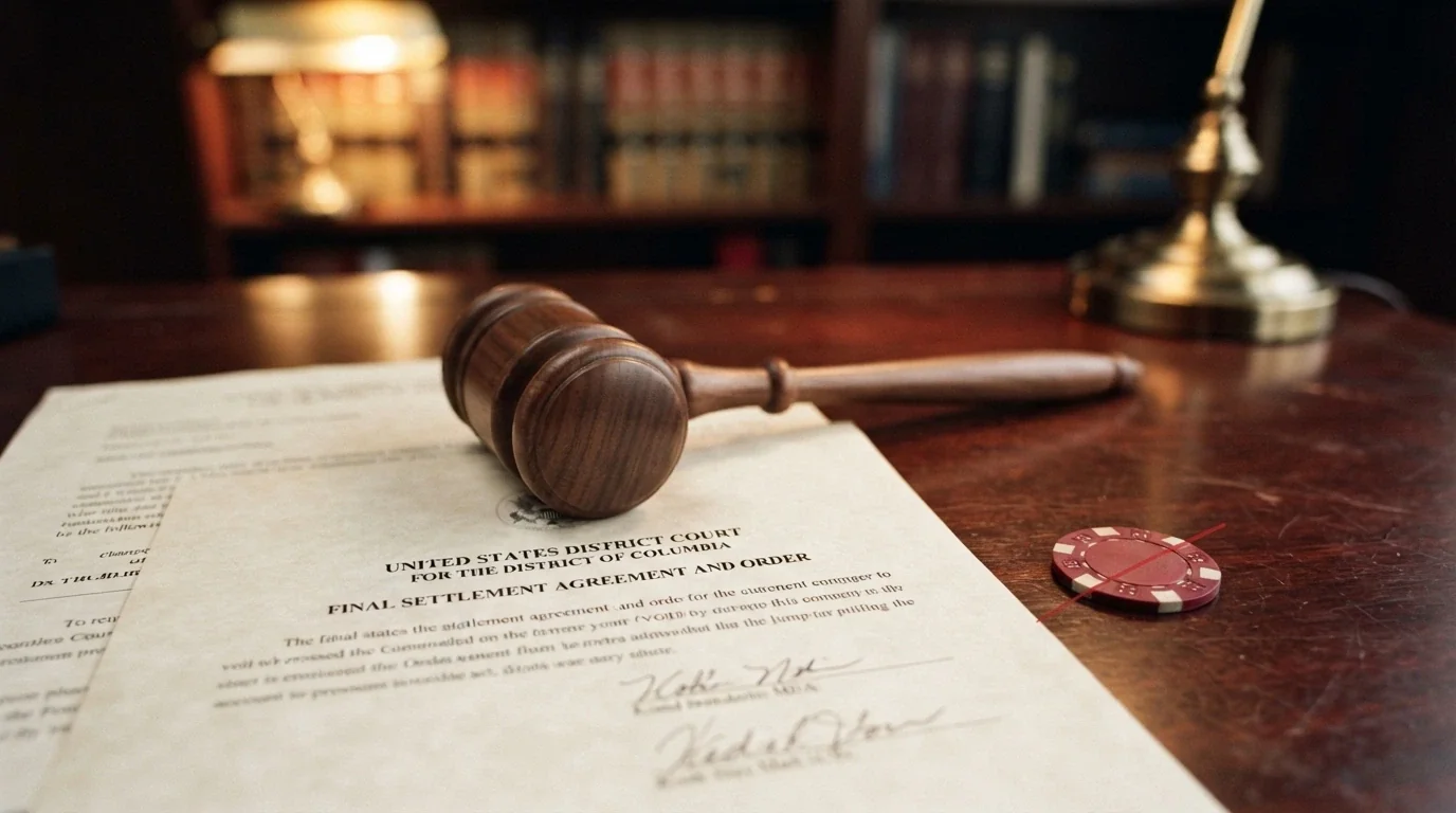 A gavel on a document bearing the Interactive Gambling Act 2001 header, an ACMA logo, and a crossed-out casino chip