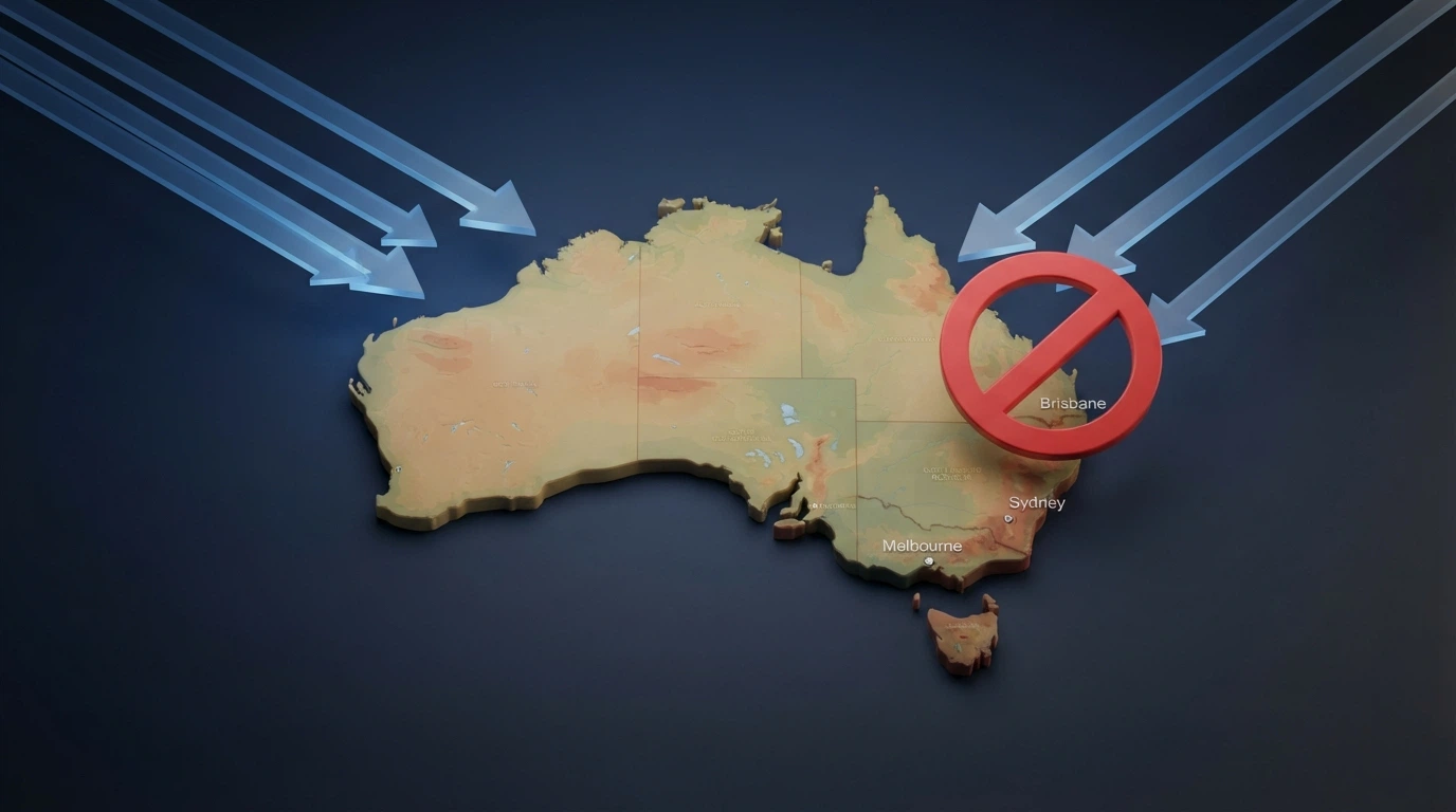 A conceptual illustration of Australia with arrows from offshore casino servers outside the country pointing inward, and an ACMA blocking symbol intercepting some of them