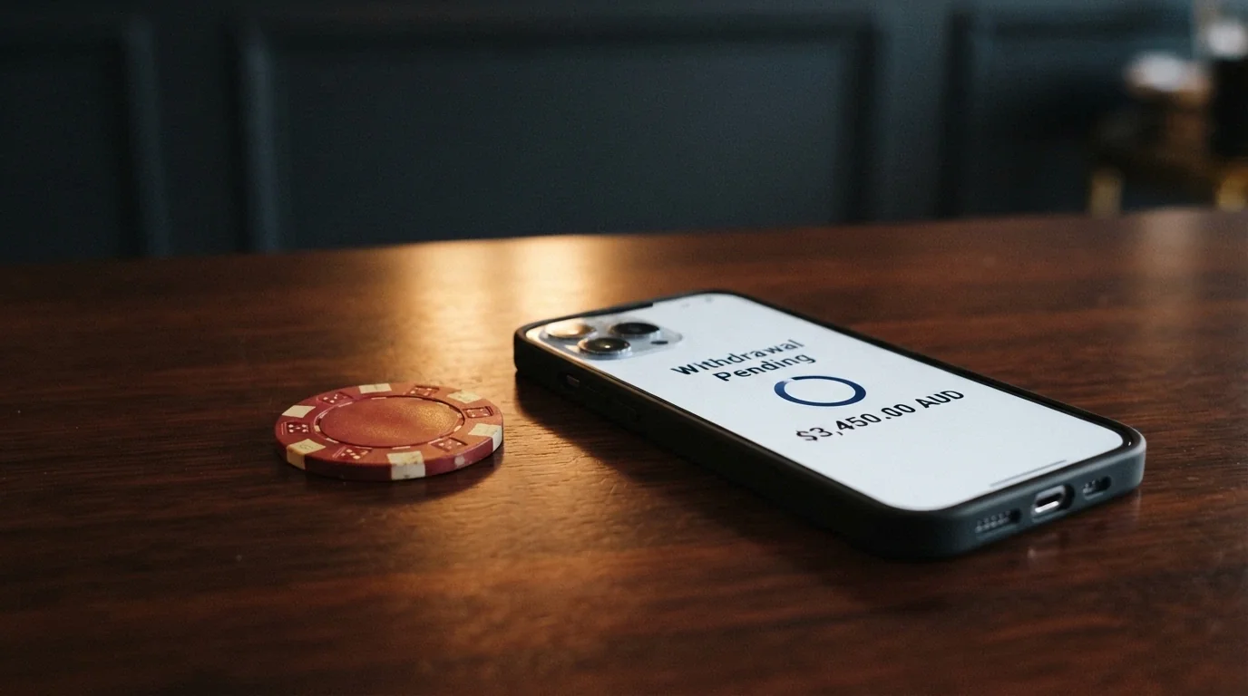 An Australian polymer bank note beside a smartphone showing a casino withdrawal pending screen, the contrast between the physical currency and the digital balance that may never arrive