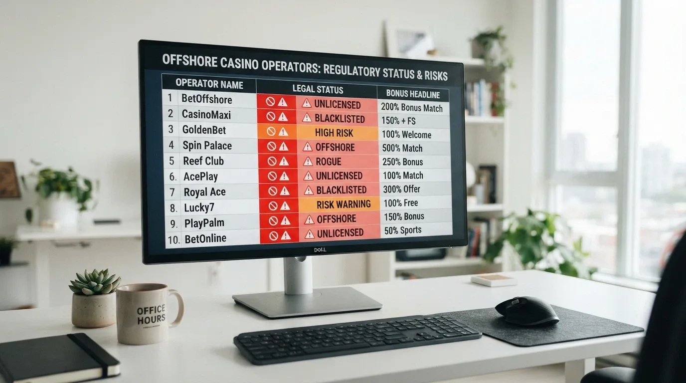 Comparison chart showing ten offshore casino operators with AU legal status markers