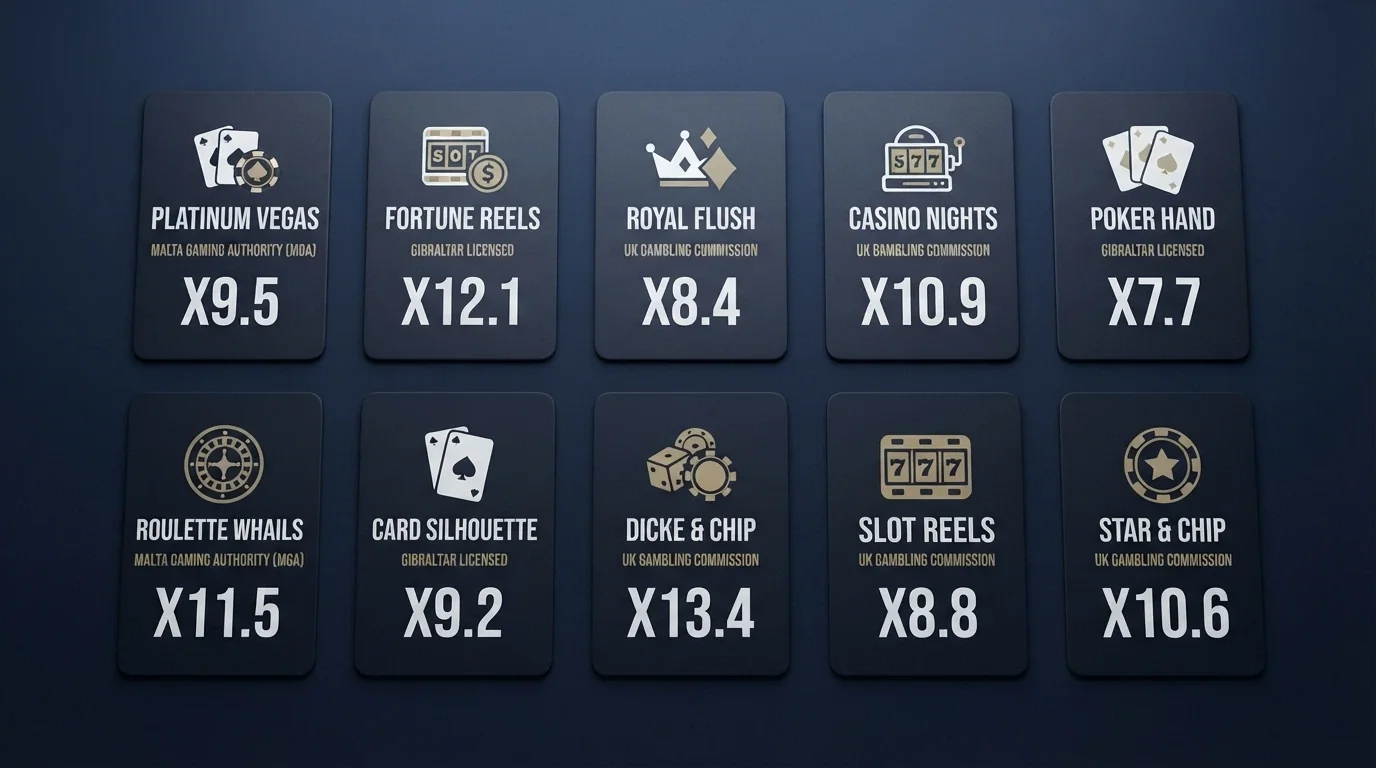 A visual comparison grid showing the ten featured offshore casino brands with their licence jurisdiction and key offer terms displayed in a clean layout