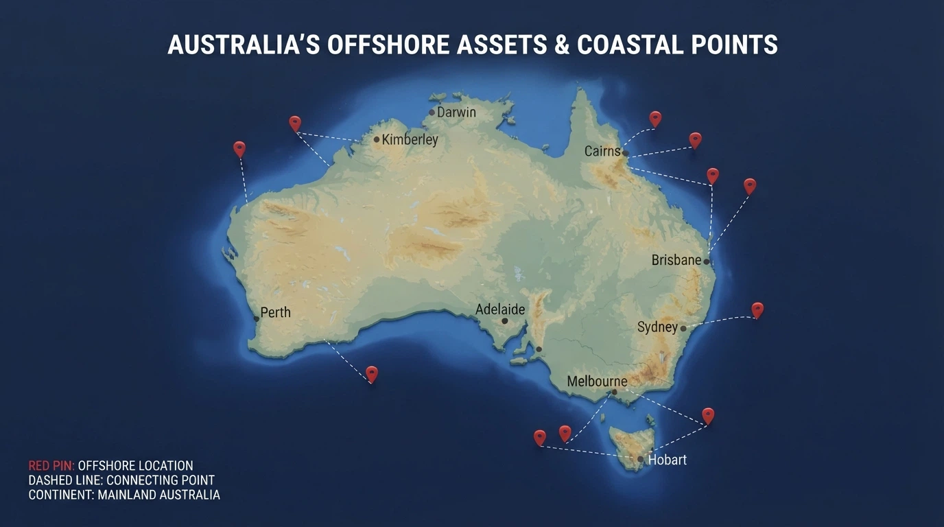 A stylised map of Australia with ten pin markers placed offshore, each connected by a dashed line to the continent