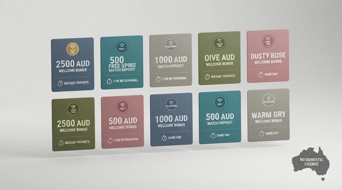 A comparison grid of ten casino-brand cards laid out in ranking order, each showing a licence badge, a bonus figure, and a payout-speed timer, with a small Australian map in the corner marked “no domestic licence”