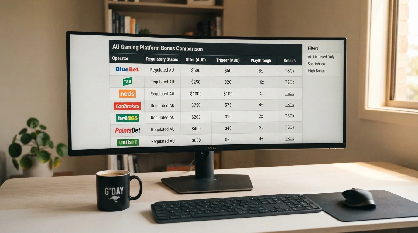 A desktop view of a comparison interface showing operator names alongside columns for licence, welcome bonus amount, bonus trigger minimum and wagering multiple