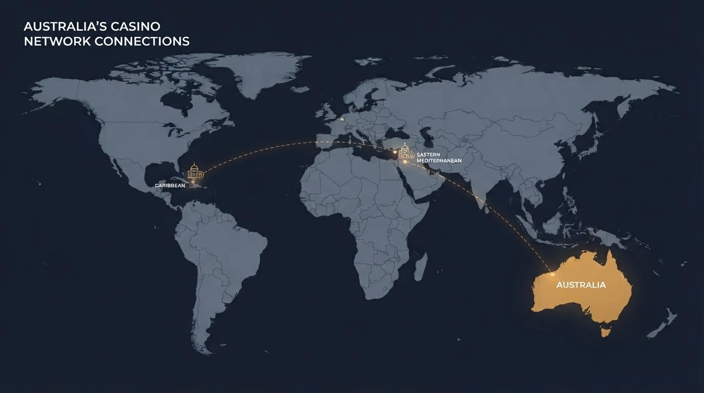 A world map with Australia highlighted and dashed lines connecting it to offshore licensing hubs — Curaçao, Cyprus — with small casino-brand icons at the offshore end