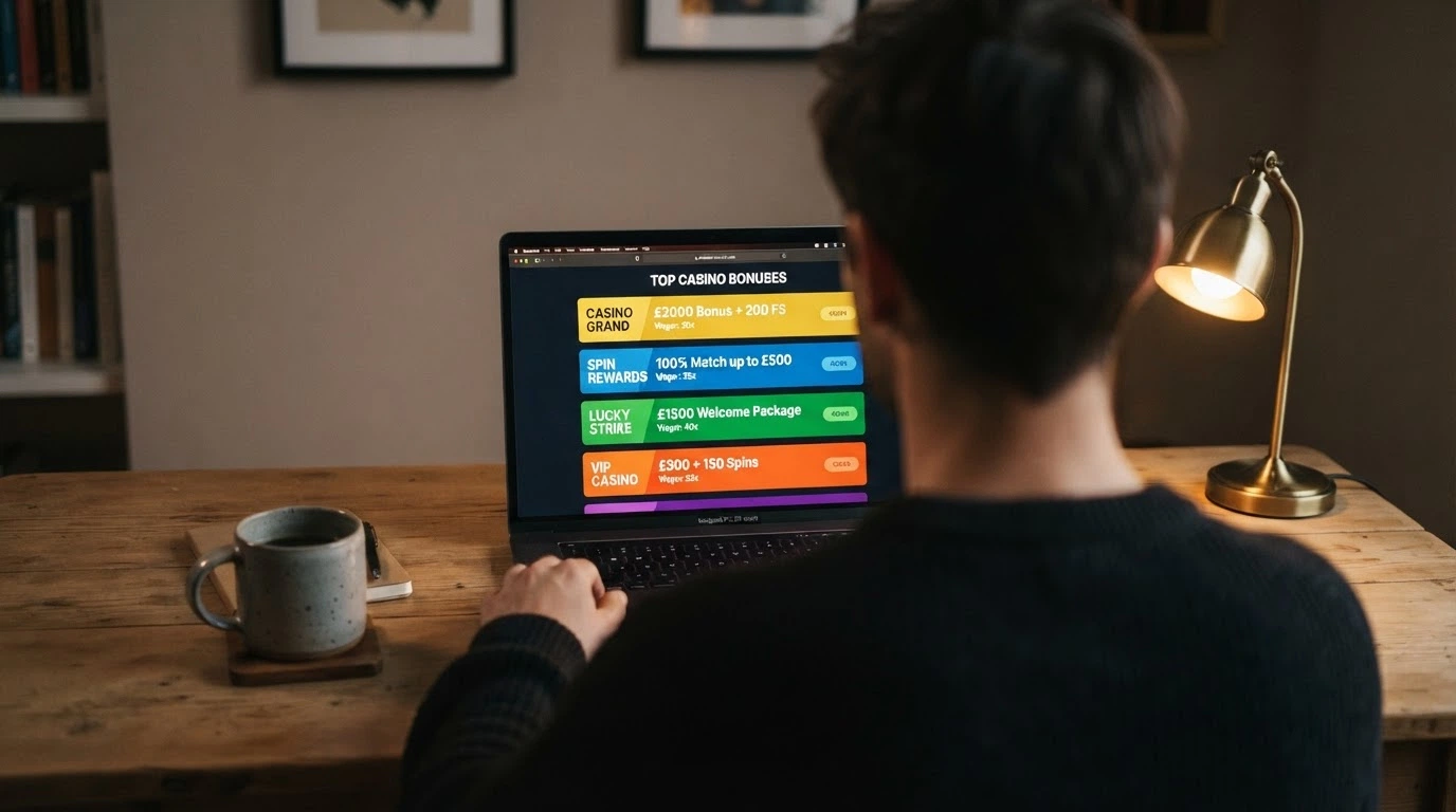 A side-by-side grid of casino brand cards with bonus amounts and wagering multiples listed beneath each one, arranged on a dark themed background