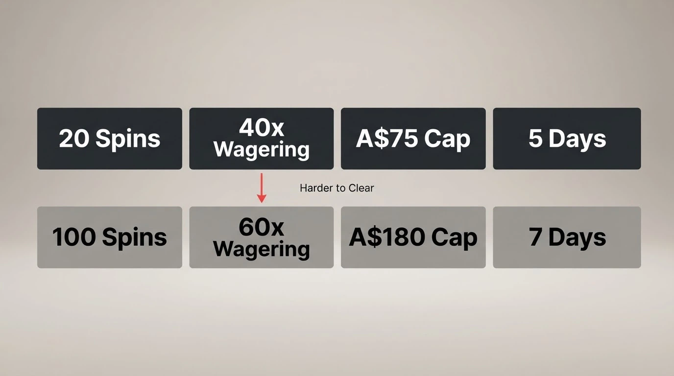 A clean visual of a comparison table row showing spin count, wagering multiple, cashout cap and validity for two contrasting operators