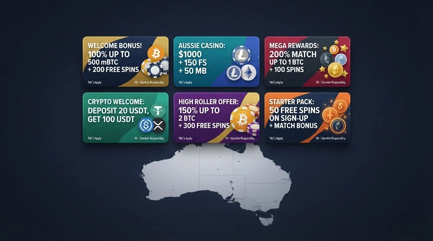 A grid of casino lobby thumbnails over a stylised Australian map, each thumbnail showing a different welcome-bonus banner and the crypto logos that operator accepts