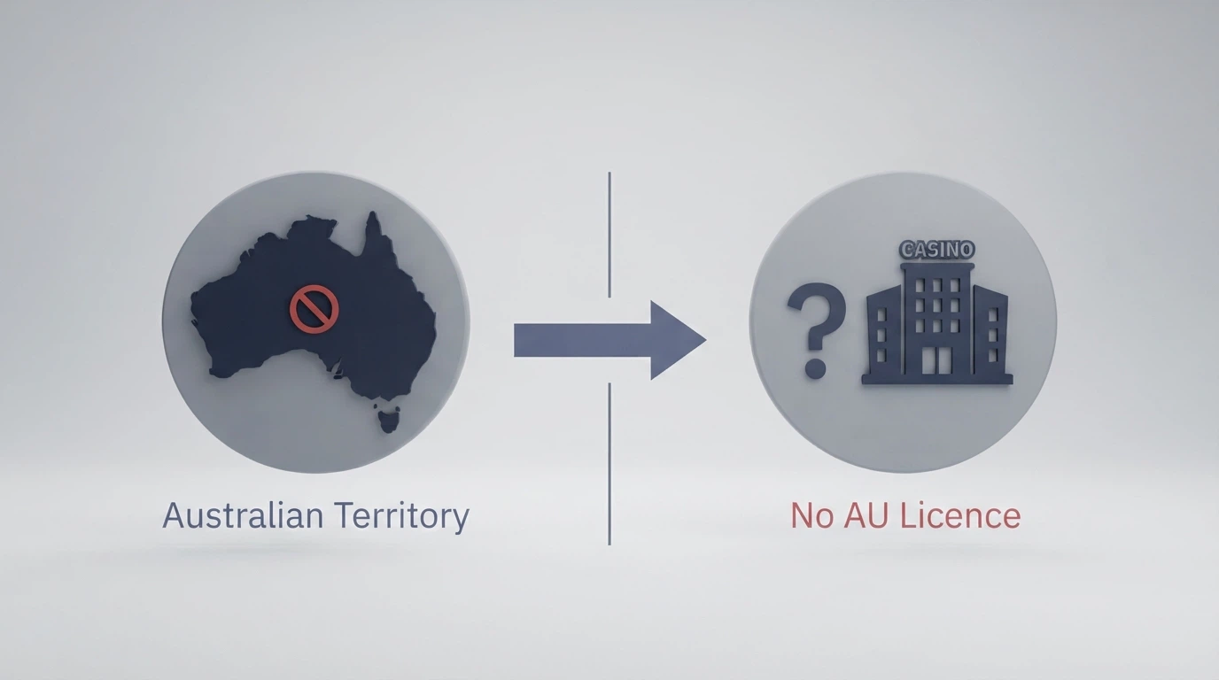 A side-by-side comparison visual of operator names, offshore-status markers and licence jurisdictions in a clean table layout, with a small Australian map silhouette and an arrow pointing offshore