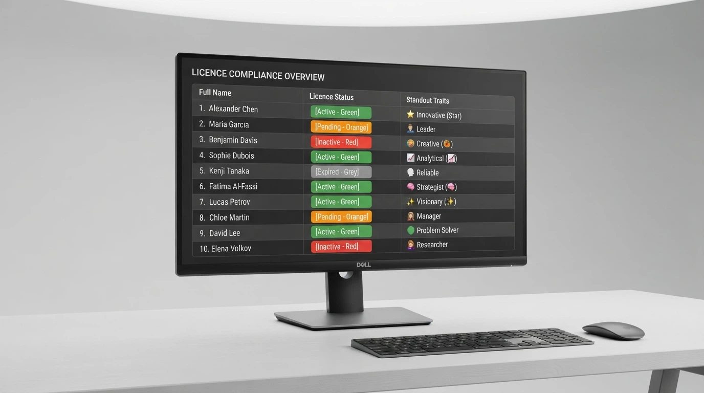 A comparison table layout on screen with casino names, licence-status indicators and standout-trait tags visible in rows