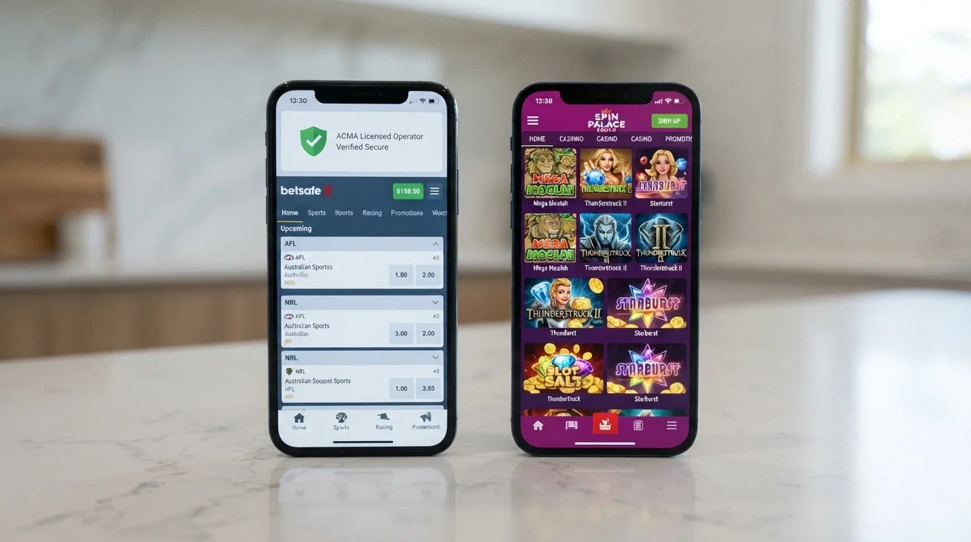 A side-by-side split screen: on the left, an Australian-licensed wagering app with a visible licence number; on the right, an offshore casino mobile site with no regulatory badge