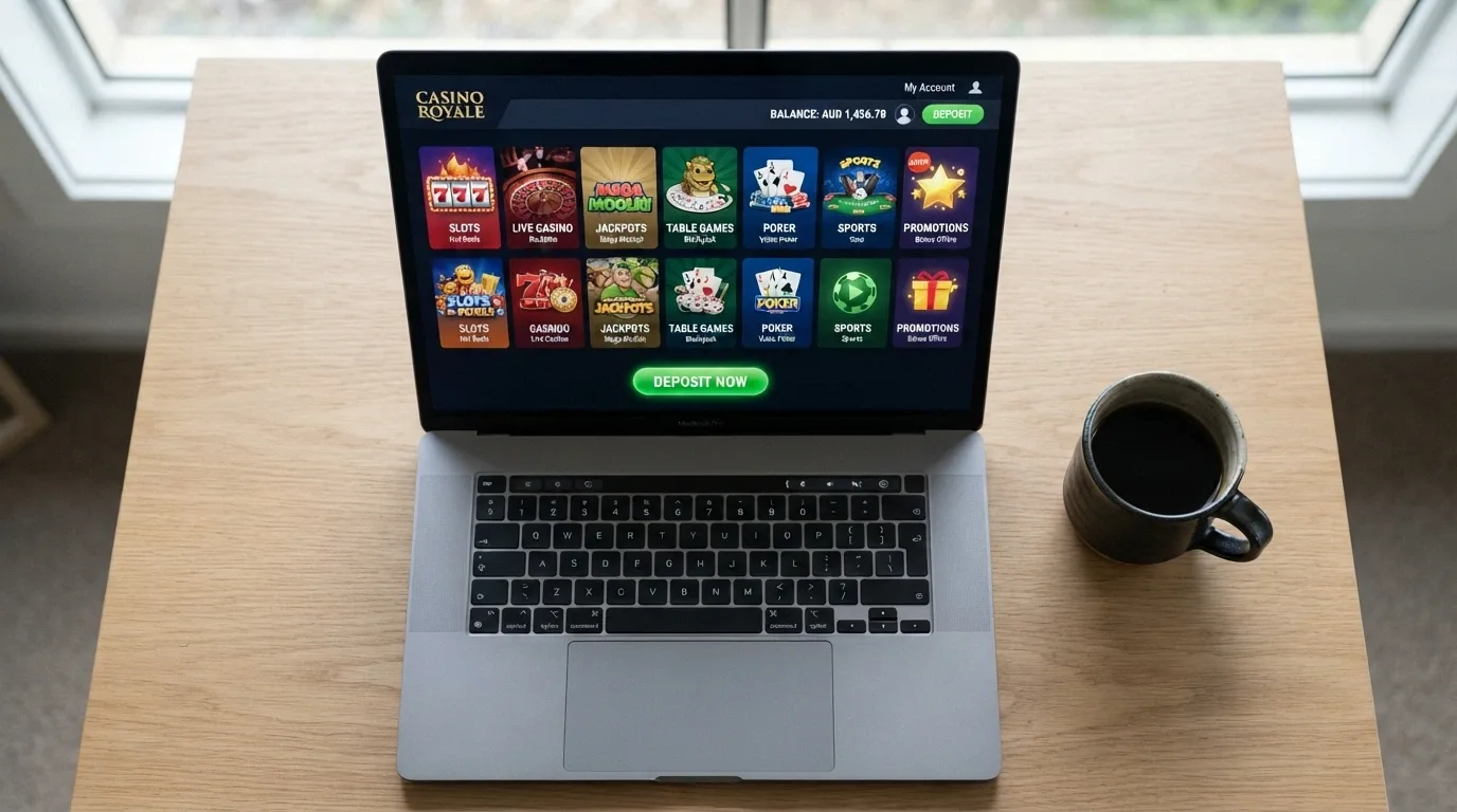 A dashboard view of an international online casino showing game categories, an AUD account balance and a deposit button