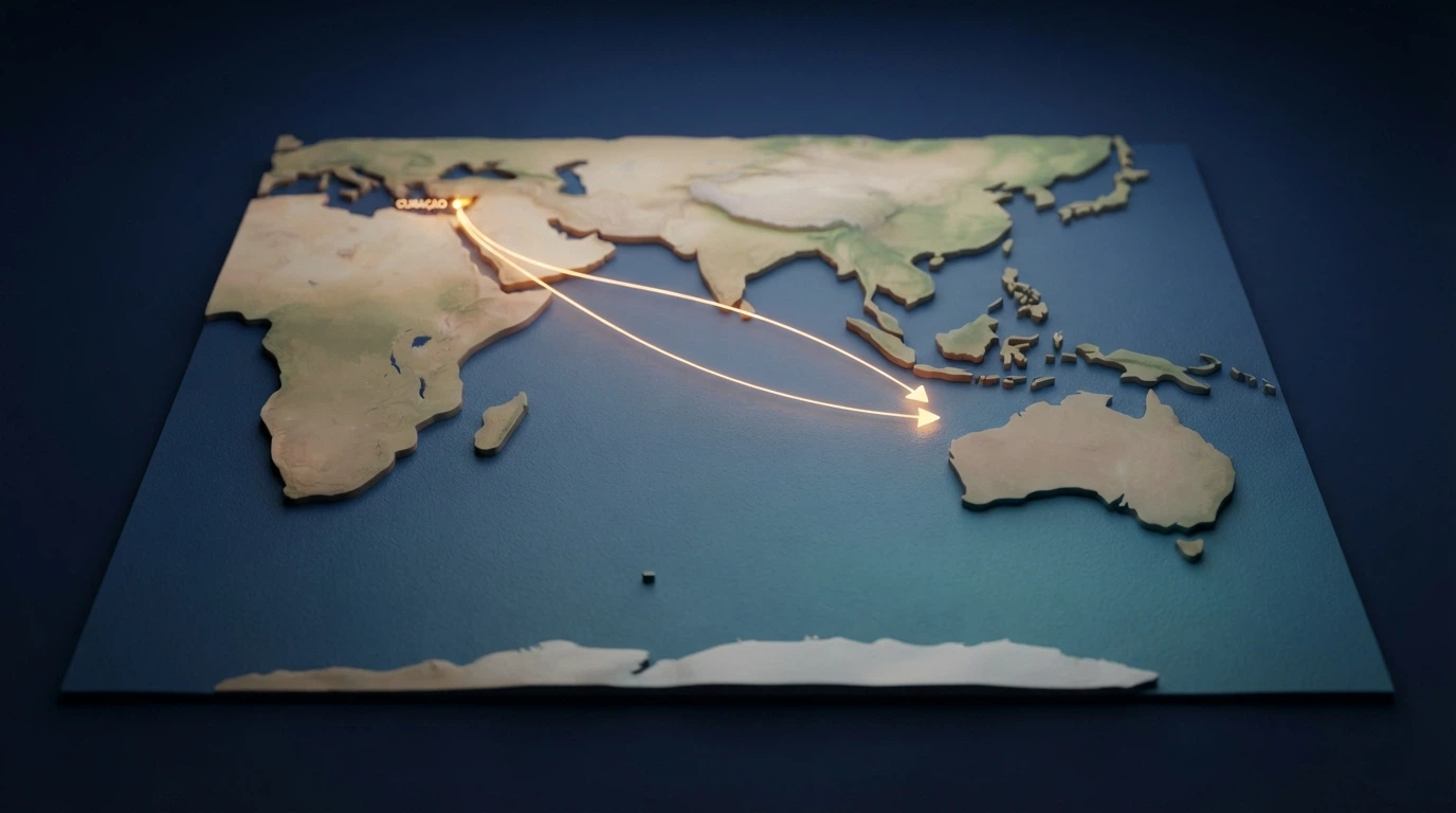A map of the Indian Ocean region highlighting Curaçao as the most common licensing jurisdiction for casinos that accept Australian players, with arrows pointing toward Australia