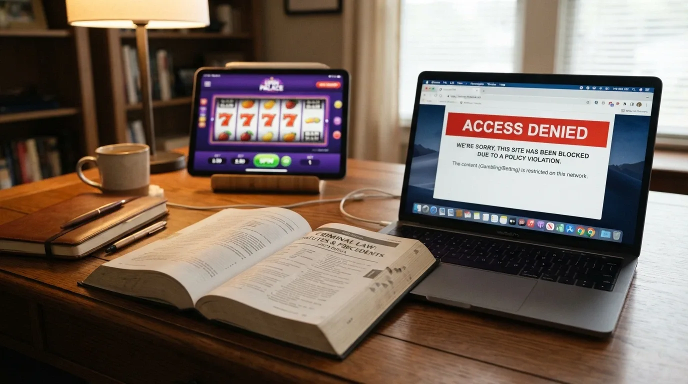 A government document — the Interactive Gambling Act 2001 cover page — on a desk beside an ACMA-branded webpage showing a site-blocked notice, with a casino website open on a laptop in the background