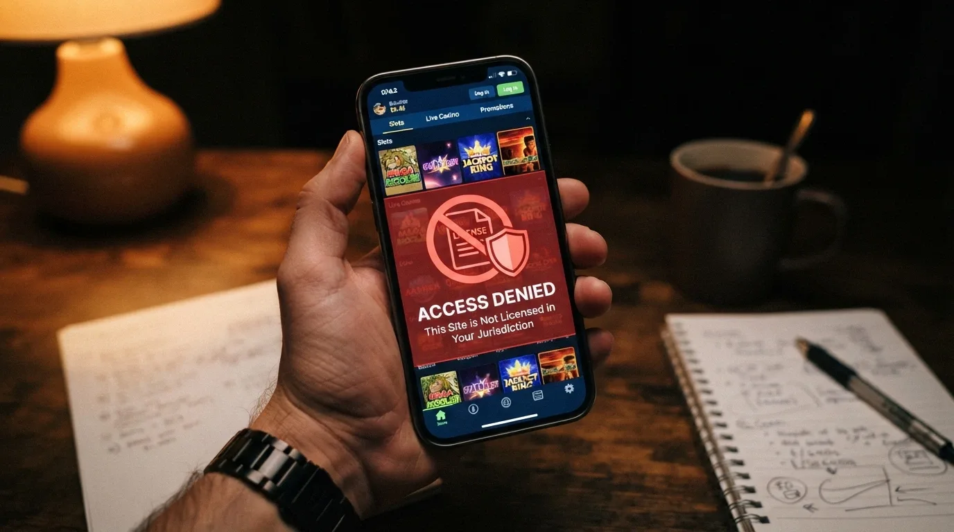 A smartphone screen displaying a casino lobby with a warning-overlay graphic — no Australian licence symbol crossed out, the ACMA logo visible, text referencing the Interactive Gambling Act