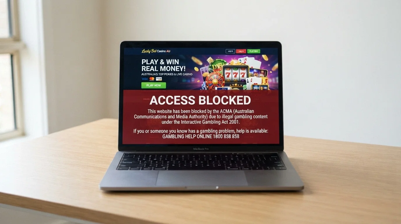 A laptop screen showing an offshore casino landing page with an ACMA-blocked warning overlaid as a semi-transparent notice