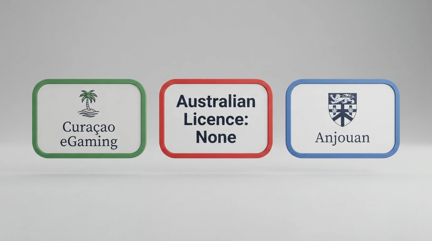 A side-by-side display of casino licence badges — Curaçao eGaming and Anjouan — with an “Australian Licence: None” placeholder
