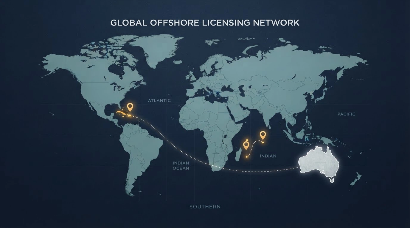 Map highlighting Curaçao and Anjouan as the dominant offshore licence jurisdictions for ETH casinos accepting Australians