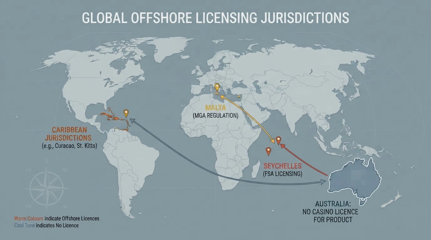 A world map with Curacao, Malta and Anjouan highlighted in contrasting colours as the offshore licensing hubs whose casinos accept Australian players, with Australia shaded as a no-licence zone