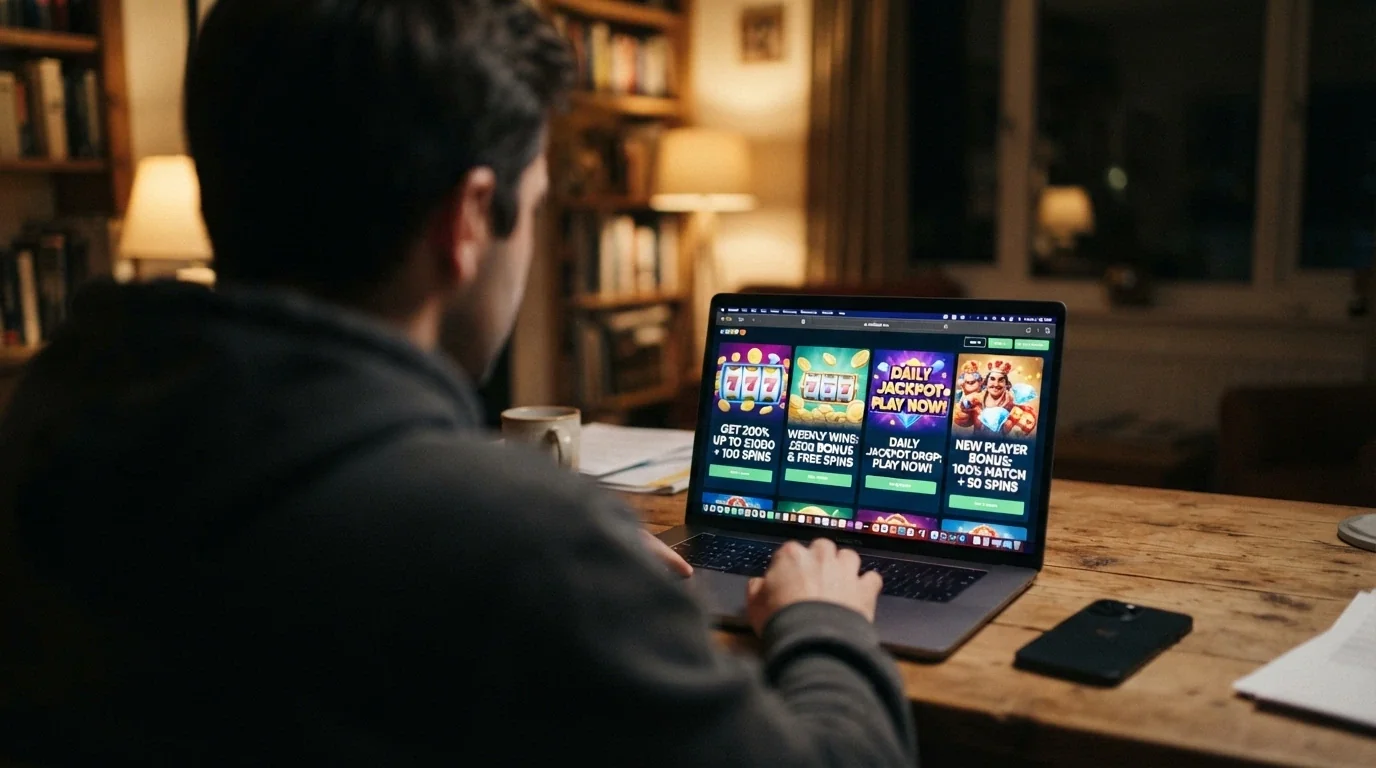 Side-by-side comparison view of online casino welcome-offer banners with different bonus amounts and terms