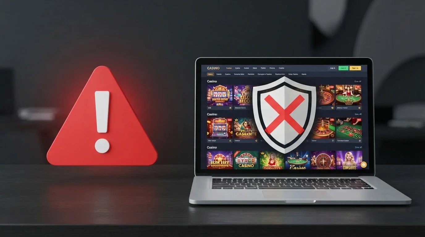 Warning symbol beside a casino lobby interface with a crossed-out consumer-protection shield