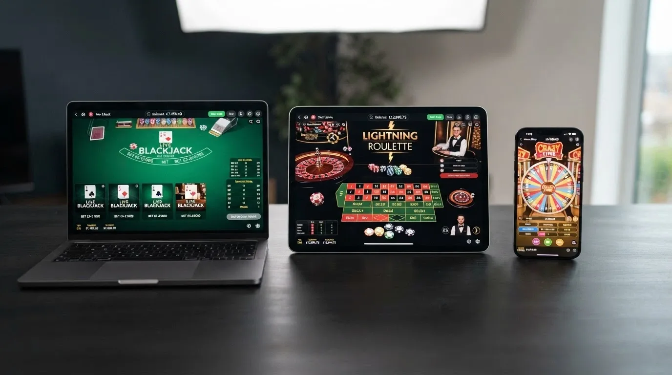 A split-screen view of different live casino lobby interfaces showing game thumbnails for blackjack, roulette and a game-show wheel, with AUD balances visible