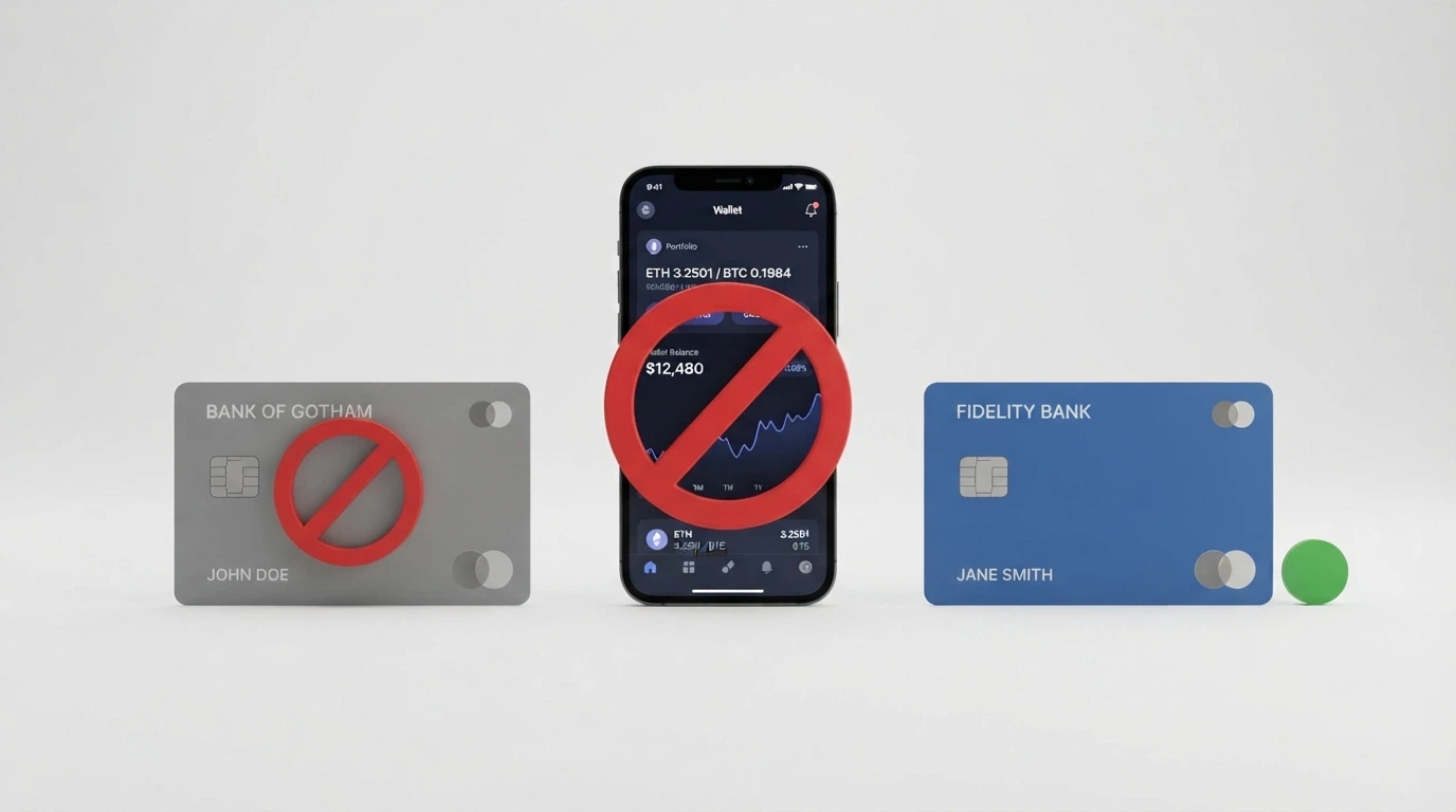 A credit card and a smartphone showing a crypto wallet app, both marked with a red cross, beside an Australian bank card marked with a green tick