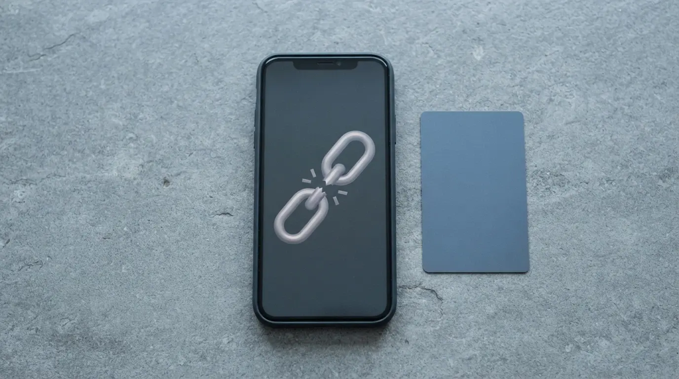 A smartphone with a broken-chain icon overlaid on the screen, the phone resting on a surface with a bank card beside it
