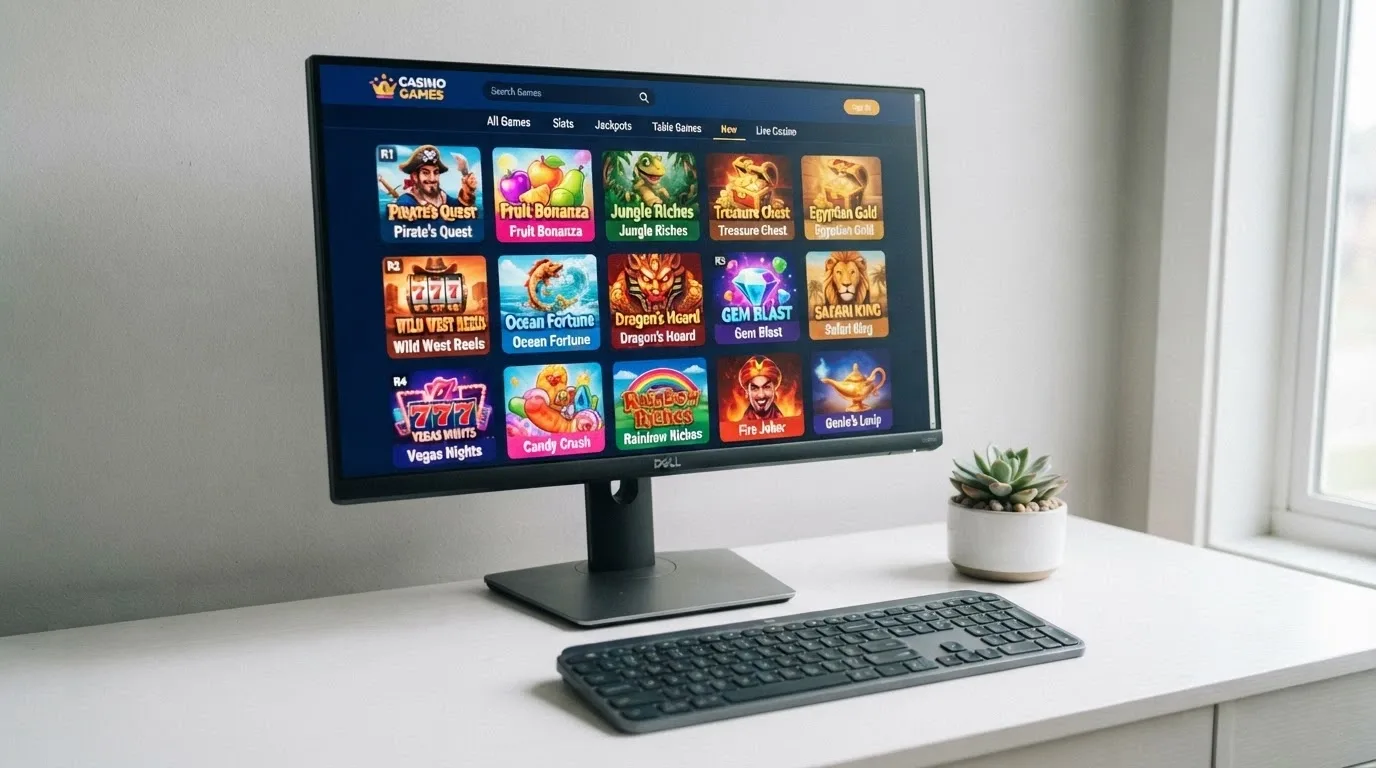 A grid of pokies thumbnails from multiple providers including Pragmatic Play and NetEnt, with game titles, provider logos and a search bar visible.