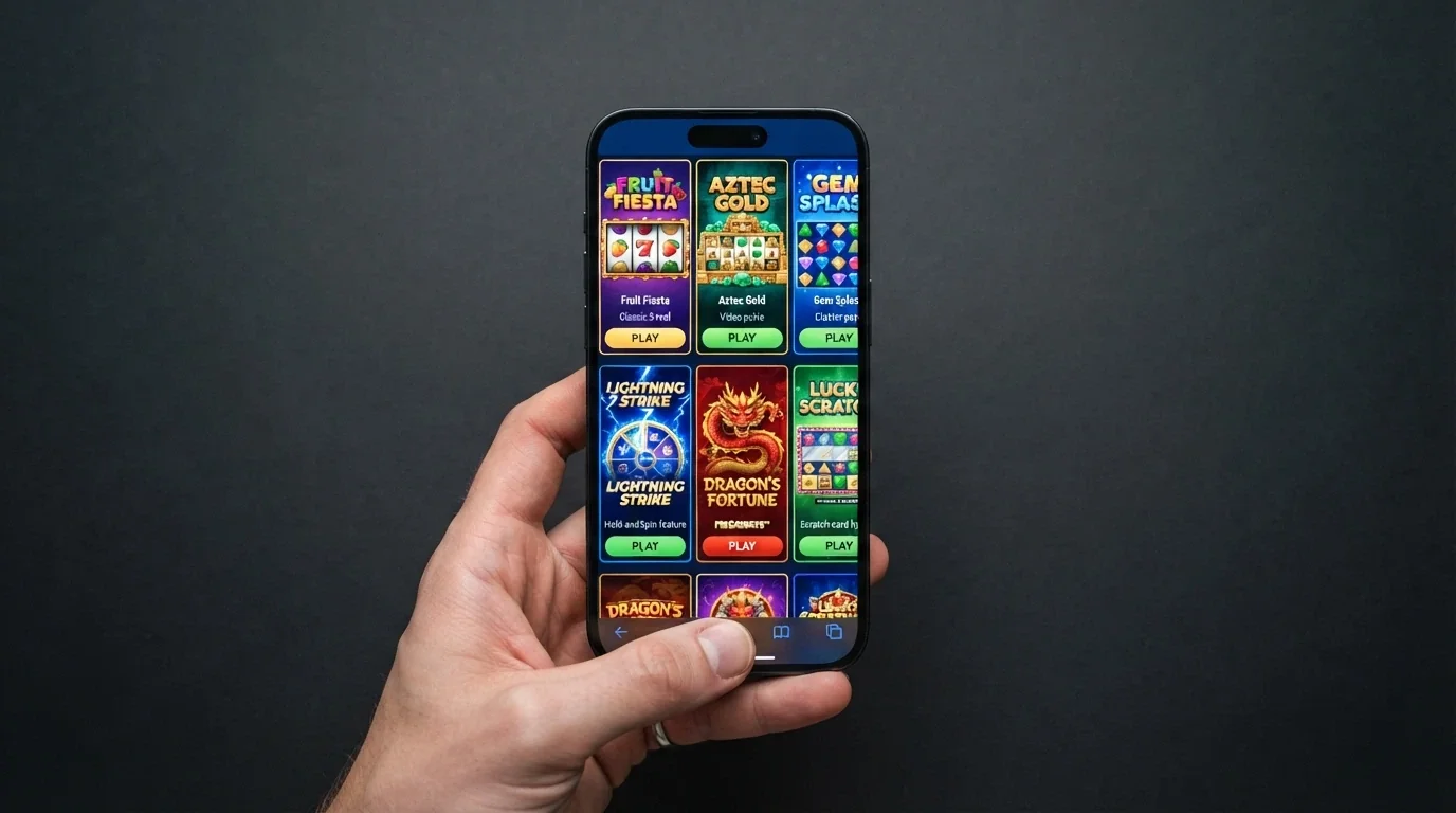 A grid of colourful online pokie title screens from Pragmatic Play, NetEnt and BGaming arranged in a smartphone frame