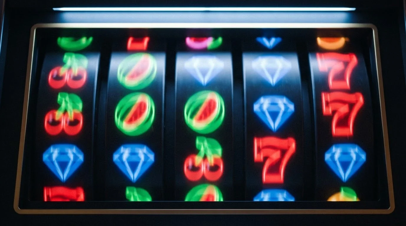 A row of online pokies reels mid-spin against a dark background, with colourful fruit and gem symbols visible