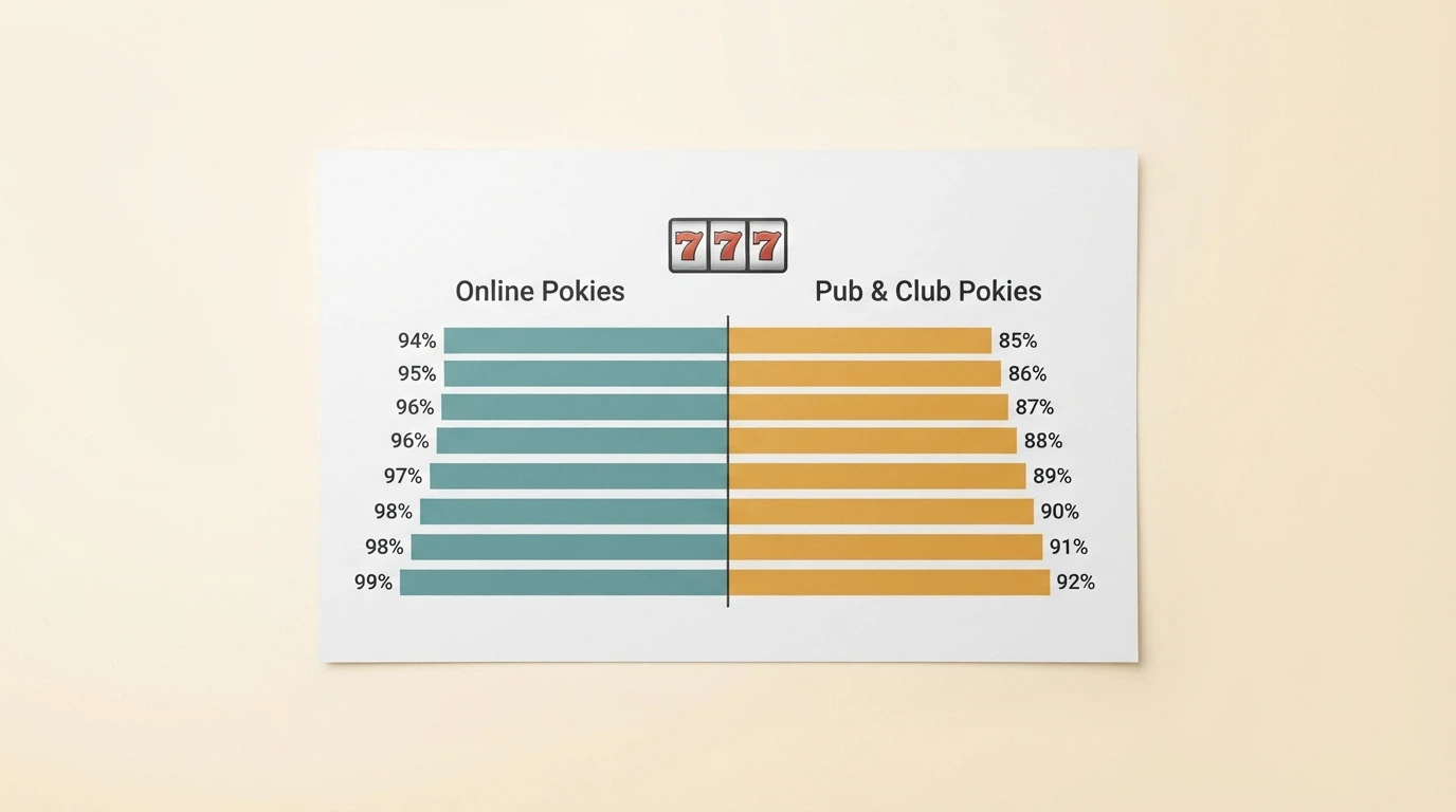 A bar chart showing online pokies RTP range of 94–99% alongside pub and RSL pokies at 85–92%